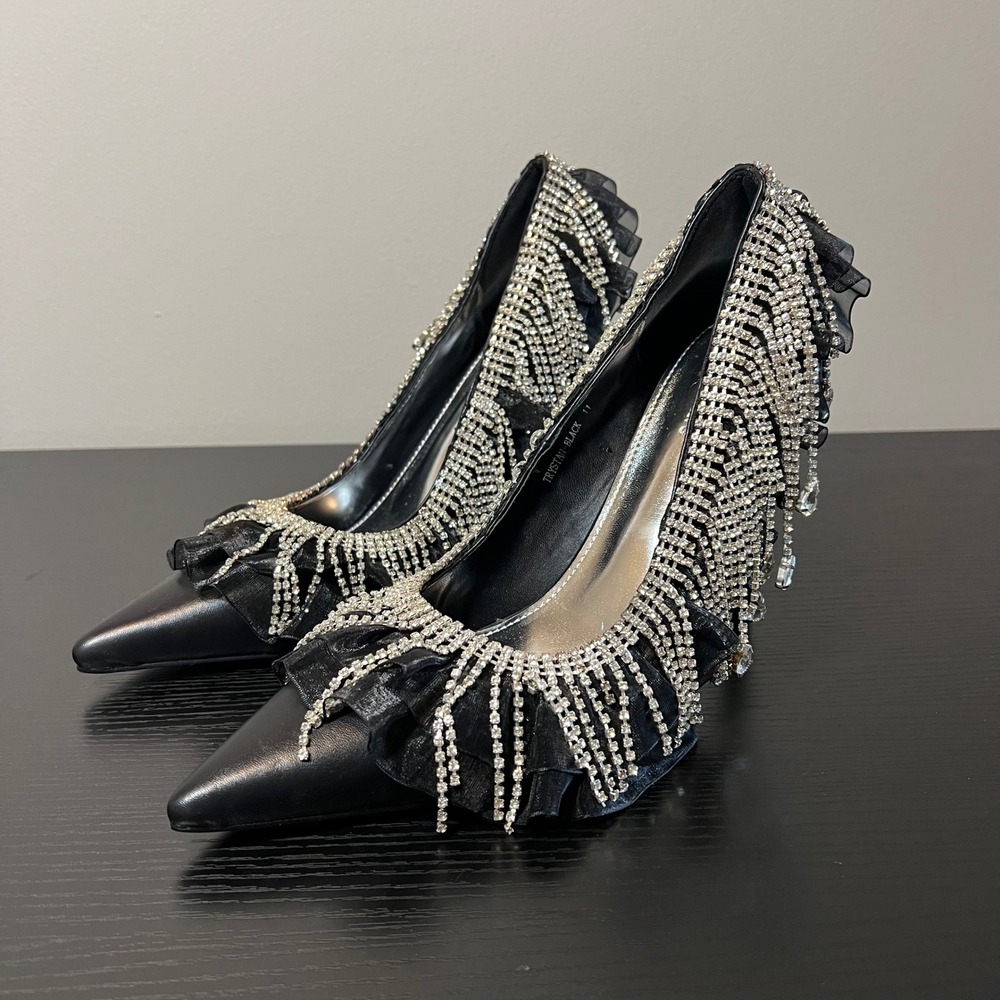 Azalea Wang Trystan Black Rhinestone Fringe Ruffle Pointed Toe Stiletto Pumps 11